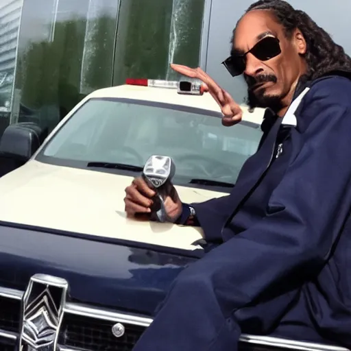 Image similar to Snoop Dogg is sitting in a police car wearing a cap C-13