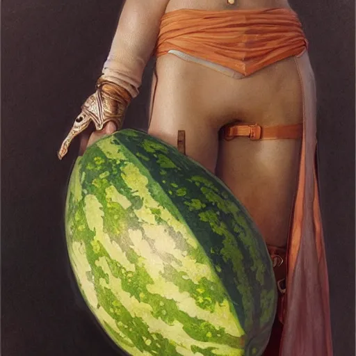 Prompt: a watermelon as aragorn by alan lee, leather armor, golden hour, concept art, detailed clothing, art station, oil painting, art by artgerm and greg rutkowski and alphonse mucha