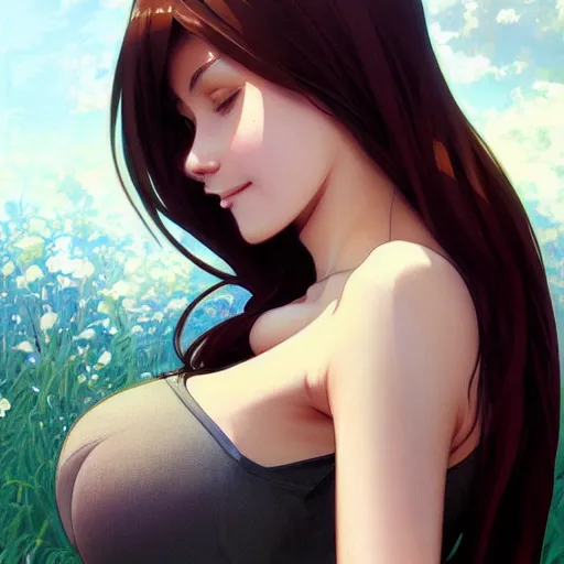 Prompt: beautiful anime girl, hourglass slim figure, dark brown hair and attractive features, tight fitted tank top, full body portrait, happy smile, highly detailed, digital painting, artstation, concept art, sharp focus, illustration, art by artgerm and greg rutkowski and alphonse mucha