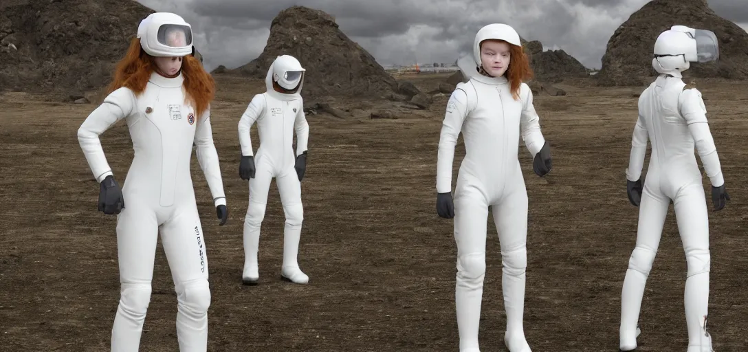 Image similar to character sheet concept art of sadie sink in a skintight white spacesuit, realistic, hyperrealistic, photographic, costume, wlop, dan mumford, greg rutkowski, high detail, octane render, alexander mcqueen, james gurney, james jean, mucha, photo, 8 k, intricate