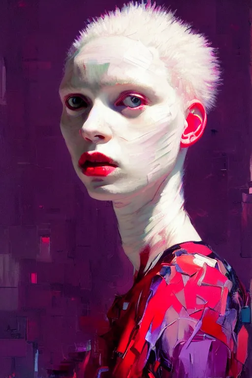 Image similar to portrait of a beautiful albino girl, shades of red and purple, beautiful face, rule of thirds, intricate outfit, spotlight, by greg rutkowski, by jeremy mann, by francoise nielly, by van gogh, digital painting