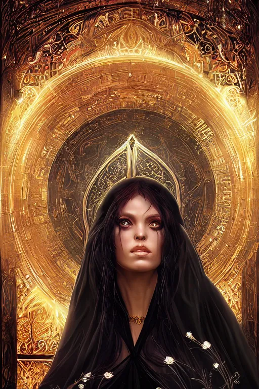 Prompt: a portrait of a sorceress wearing a black robe with gold embroidery, casting a spell, in a mysterious inner sanctum, painted by artgerm and tom bagshaw, in the style of magic the gathering, highly detailed digital art