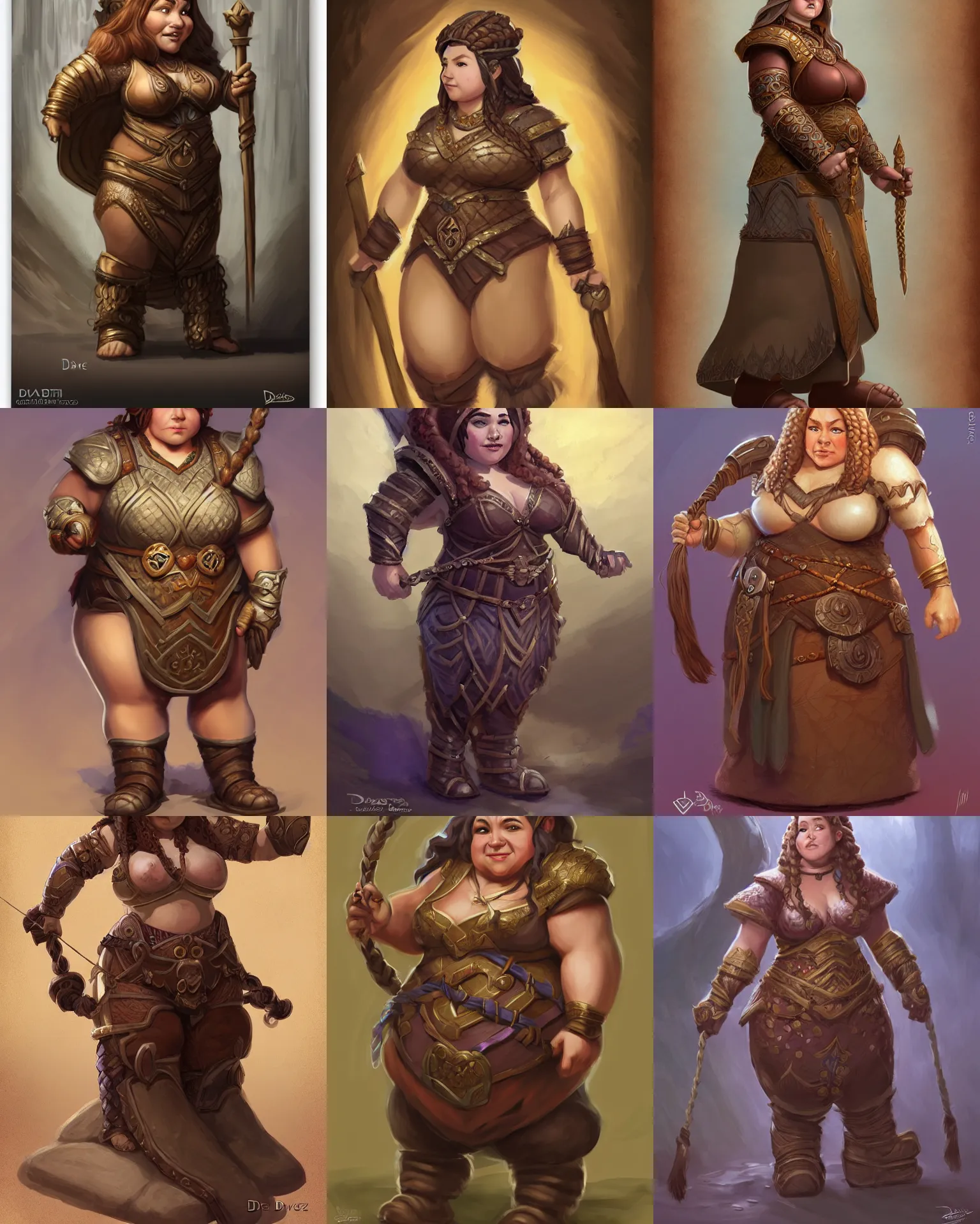 Prompt: female dwarven noblewoman, chubby short stature, braided intricate hair, by dave greco