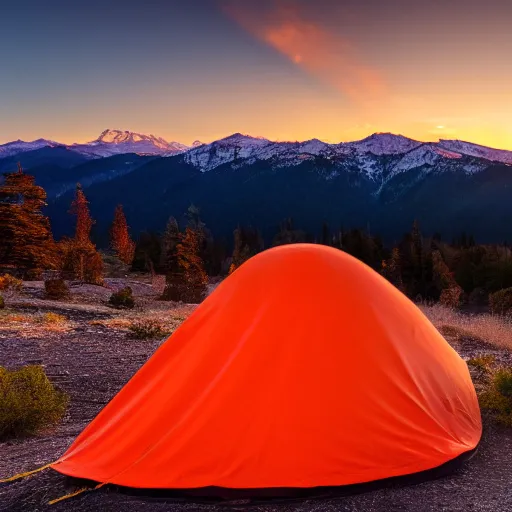 Image similar to an orange tent in the foreground of the sierra mountains at dawn, photo, 4 k