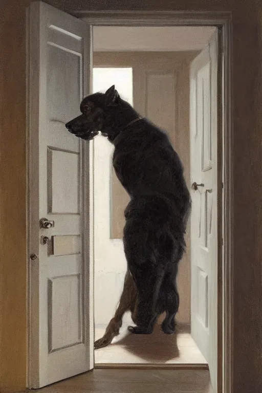 Image similar to dragan bibin painting of a dog in a doorway