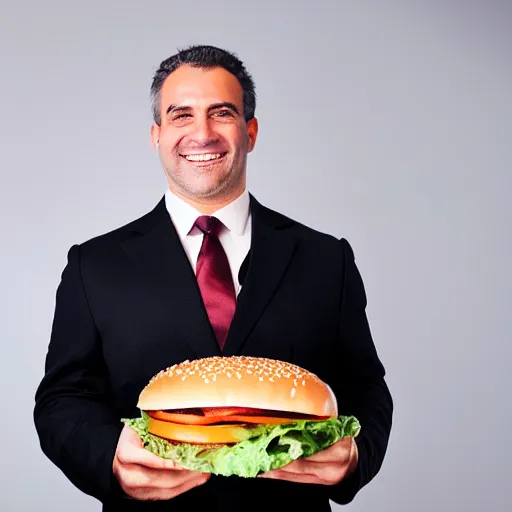 Image similar to clean - shaven smiling white chubby italian american man in his 4 0 s wearing a brown long overcoat and necktie holding a giant burger, 2 0 0 0 avertising promo shot, studio lighting