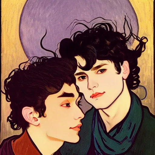 Image similar to painting of young cute handsome beautiful dark medium wavy hair man in his 2 0 s named shadow taehyung and cute handsome beautiful min - jun together at the halloween party, bubbling cauldron, candles, smoke, tarot, autumn colors, elegant, stylized, soft facial features, delicate facial features, art by alphonse mucha, vincent van gogh, egon schiele