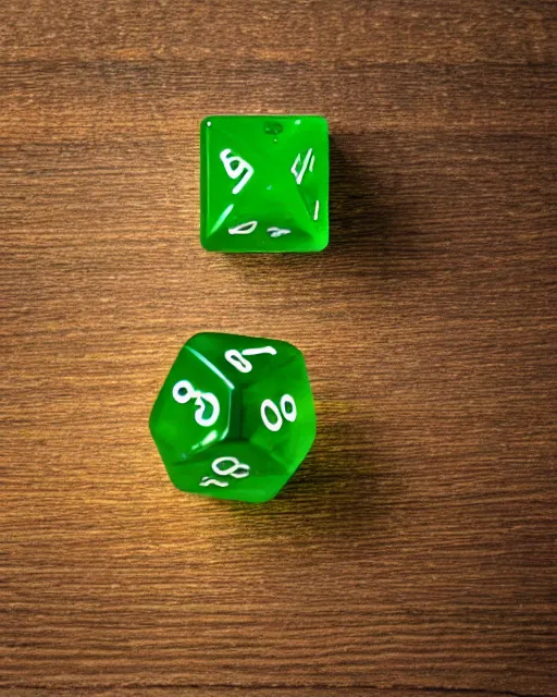 Prompt: a green translucent dice over a wooden desk, touched by a ray of sun dslr photo