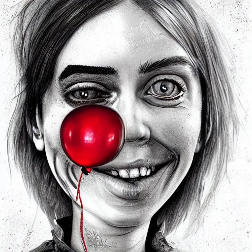 Prompt: surrealism grunge cartoon portrait sketch of billie eilish with a wide smile and a red balloon by - michael karcz, loony toons style, mad max style, horror theme, detailed, elegant, intricate