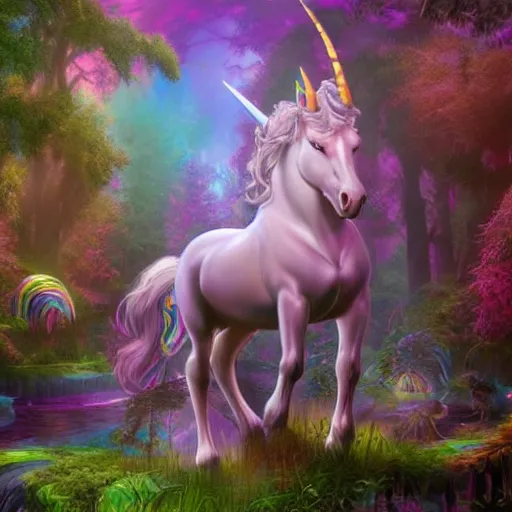 Image similar to Portrait of a unicorn in a fantasy forrest, lisa frank, craig mullins, octane, 8k, detailed illustration