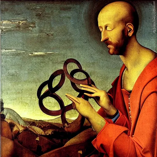 Prompt: A land art. A rip in spacetime. Did this device in his hand open a portal to another dimension or reality?! maroon by Filippino Lippi expressive