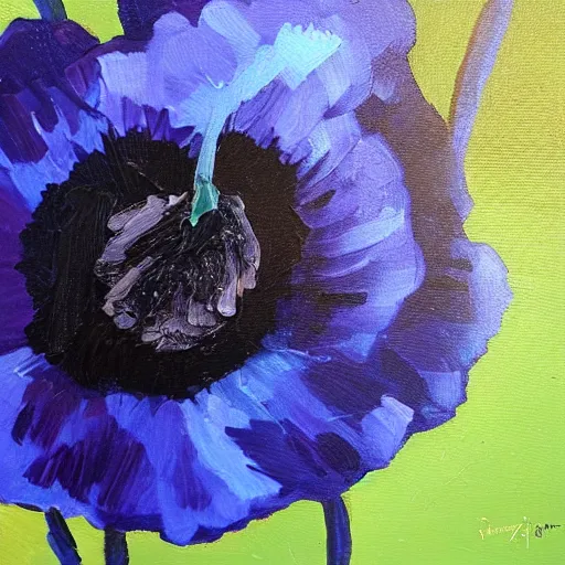 Image similar to black blue and purple papaver flower, oil painting