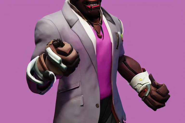 Image similar to doomfist, pink blazer, overwatch game, digital art, high detailed, unreal engine, artstation, 3 d render