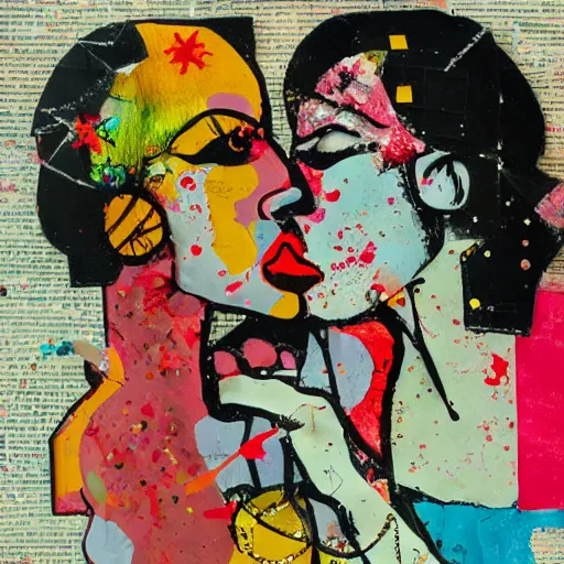 Image similar to two women kissing at a carnival, mixed media collage, retro, paper collage, magazine collage, acrylic paint splatters, bauhaus, claymation, layered paper art, sapphic visual poetry expressing the utmost of desires by jackson pollock