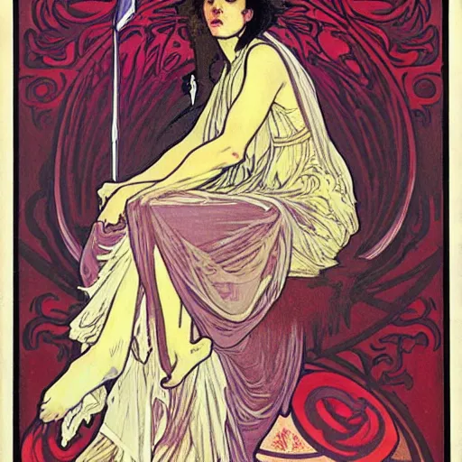 Prompt: death, painted by alphonse mucha