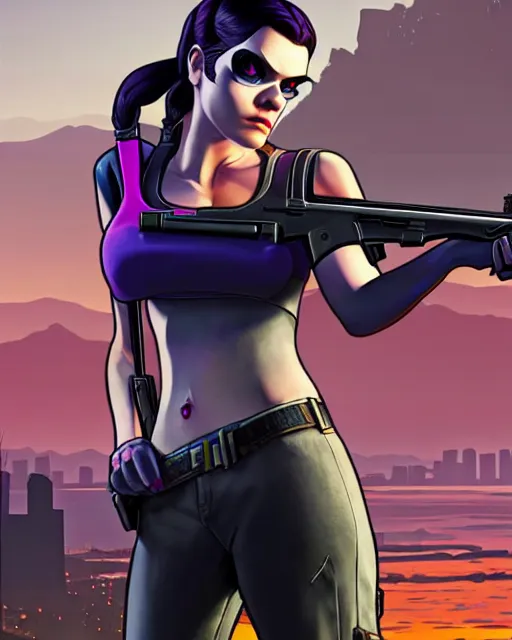 Image similar to gta 5, grand theft auto 5 cover art of widowmaker from overwatch