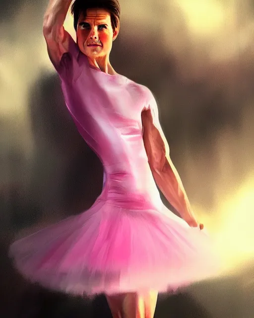 Image similar to tom cruise wearing a pink ballerina dress, dramatic lighting, digital art, artgerm, artstation