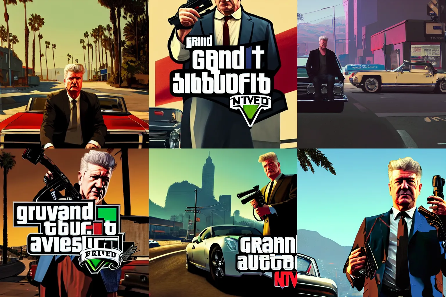 Prompt: David Lynch in Grand Theft Auto 5 cover art, epic, 4k resolution, extremely detailed, very sharp, artstation, digital art, vibrant,