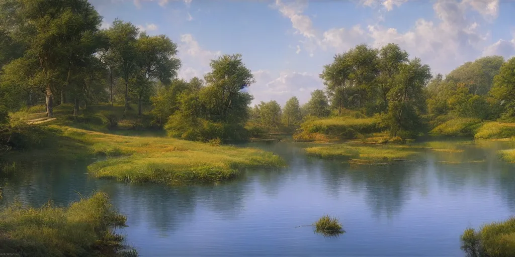 Image similar to a beautiful lake landscape in summer, by Ernest deutsch + Ted Nasmith, cinematic lighting, masterpiece, highly detailed, 8k resolution, trending on art station