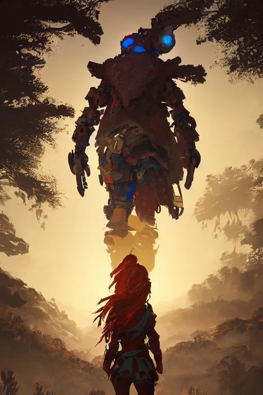 Image similar to combination suit armor aloy horizon forbidden west horizon zero dawn radiating a glowing aura global illumination ray tracing hdr fanart arstation by ian pesty and alena aenami artworks in 4 k tribal robot ninja mask helmet backpack