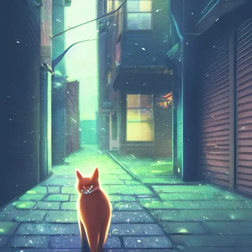 Prompt: a slender, auburn tabby cat walking down an alleyway, adventure, nightfall. Quiet, serene, calm night. Over shoulder shot, cat is the focus. Digital illustration, very vibrant colors, soft lighting, atmospheric lighting, 8K, octane render. By Makoto Shinkai, Stanley Artgerm Lau, WLOP, Rossdraws, warrior cats fan art, James Jean, Andrei Riabovitchev, Marc Simonetti, krenz cushart, Sakimichan, D&D trending on ArtStation, digital art.