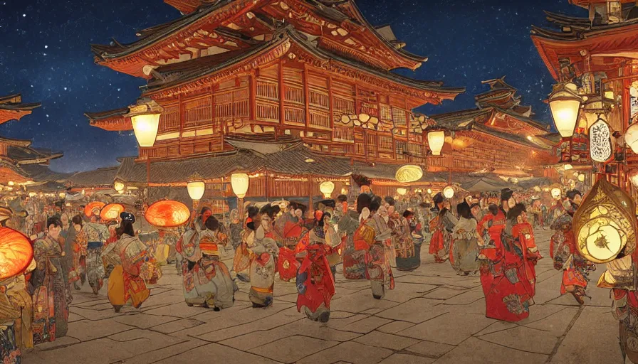 Image similar to edo era city festival near sea at night, beautiful lit lamps, 8 k highly detailed art, intricate, stanley lau, artgerm, artstation, smooth, far shot, wlop, alphonse mucha, cinematic shot, cinematic lighting