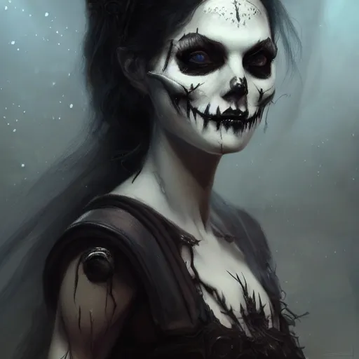 Prompt: detailed portrait of a cute undead goth girl, beautiful, fantasy, intricate, elegant, highly detailed, digital painting, artstation, concept art, matte, sharp focus, illustration, art by aenaluck, artgerm and roberto ferri and greg rutkowski, epic fantasy, digital painting