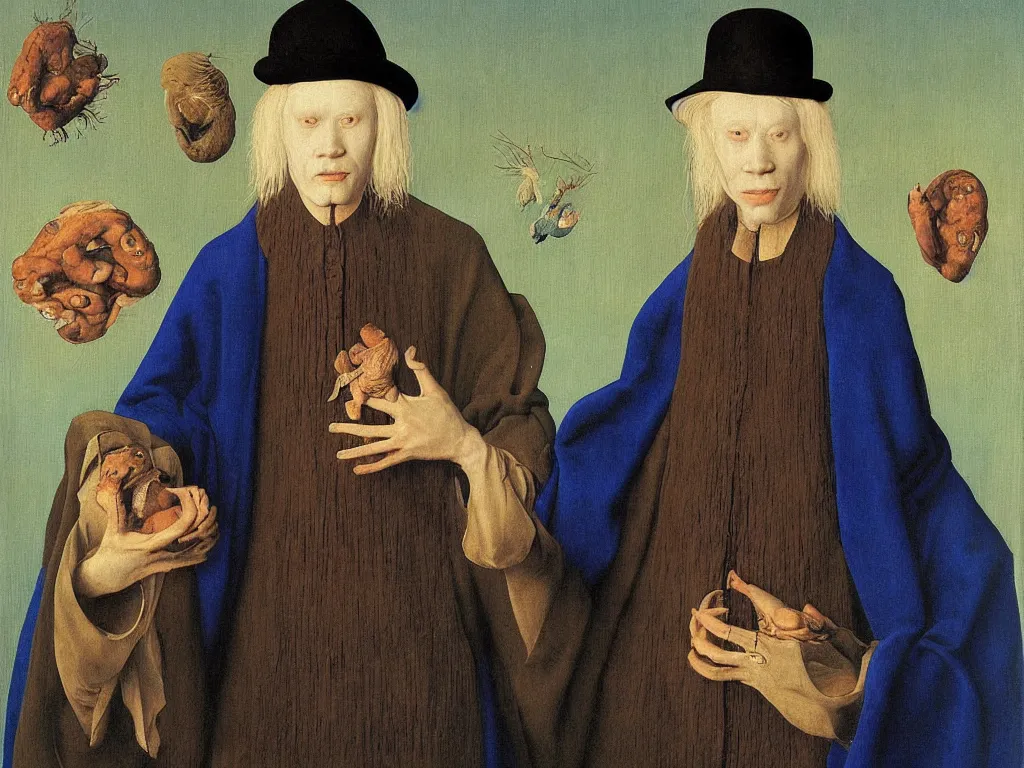 Image similar to Portrait of albino mystic with blue eyes, with exotic collection of floating animal eyes. Painting by Jan van Eyck, Audubon, Rene Magritte, Agnes Pelton, Max Ernst, Walton Ford