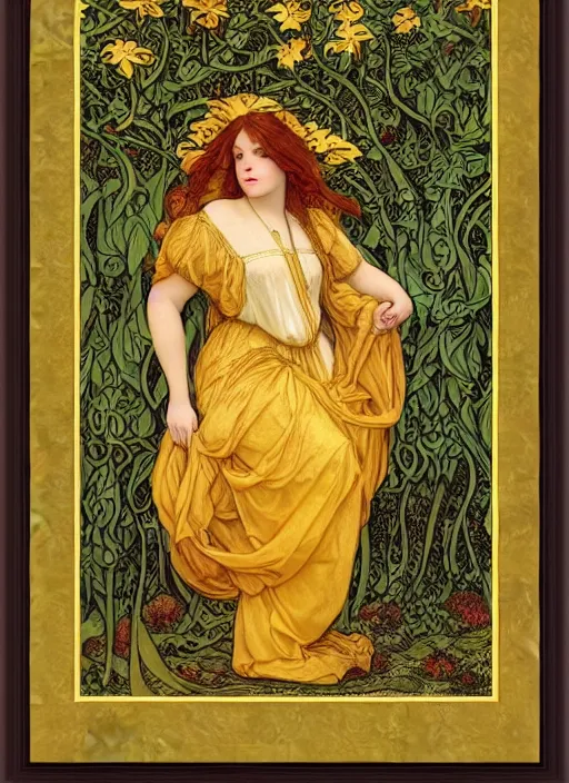 Image similar to masterpiece beautiful seductive flowing curves pose preraphaelite portrait photography, straight bangs, yellow ochre ornate medieval dress, mushroom forest arch, william morris and kilian eng and mucha, framed, 4 k