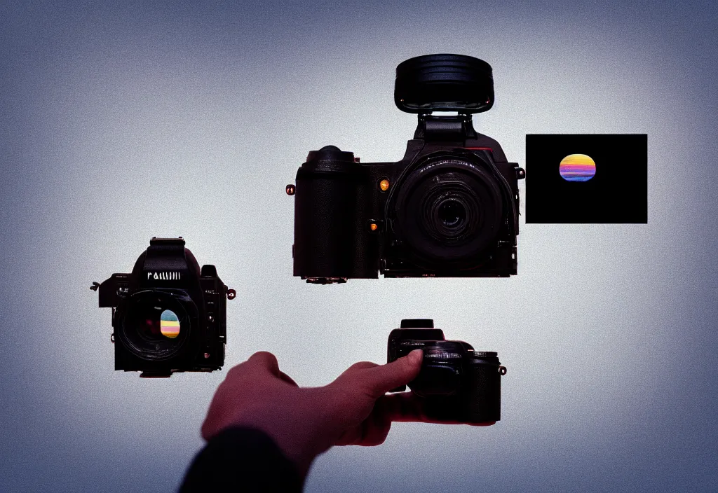 Image similar to first person view of a road coat sleeve arm hand grasping the back side rear angle viewfinder of a dslr camera with mount fuji image in viewfinder, in the style of wes anderson, rene magritte, lola dupre, david hockney, isolated on white background, dark monochrome neon spraypaint accents octane render