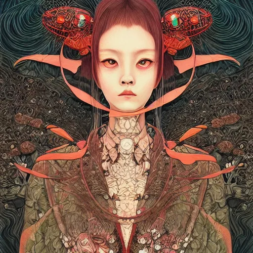 Image similar to beautiful portrait painted in jacek yerka aykut aydogdu and leslie zhang style drawn by sasha bom and takato yamamoto, inspired by cyberpunk, intricate acrylic gouache painting, high detail, sharp high detail, artstation, manga and anime