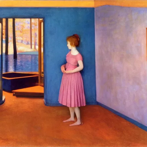 Image similar to a young girl lost in a blue golden forest, film still by edward hopper, by Pontormo, by klimt, art noveau, highly detailed, strong lights, liminal, eerie, Bright pastel colors