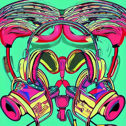 Prompt: artgerm, psychedelic laughing cybertronic chicken, rocking out, headphones dj rave, digital artwork, r. crumb, svg vector