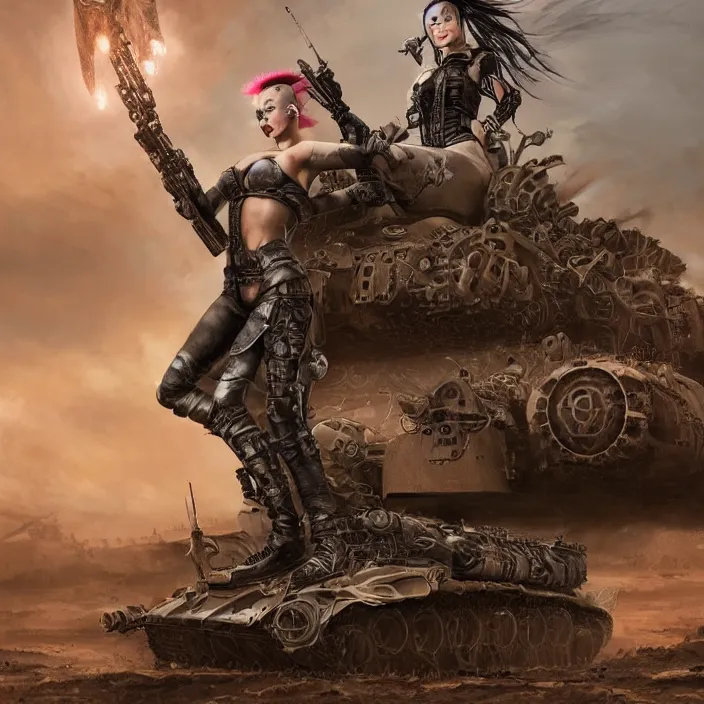 Image similar to beautiful apocalyptic woman with Mohawk, standing on mad max panzer tank, hyper-detailed, smooth, sharp focus, 4k ultra hd, fantasy dark art, tank girl, artgerm, artstation, octane render, elegant, detailed digital painting, apocalyptic art