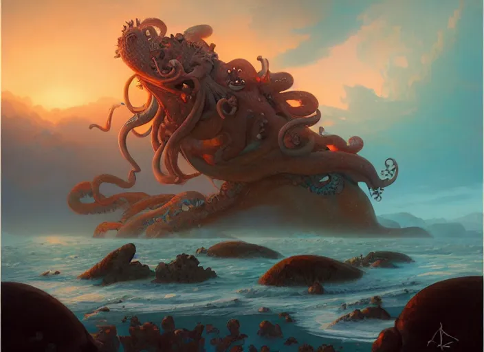 Prompt: Kraken cove, sunset archipelago, dreamworks, peter mohrbacher