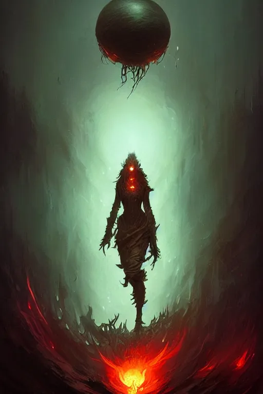 Prompt: Black Orb of Fire, digital art, fantasy, magic, trending on artstation, illustration by Seb McKinnon and Peter Mohrbacher, ultra detailed, atmospheric, powerful presence, bossfight