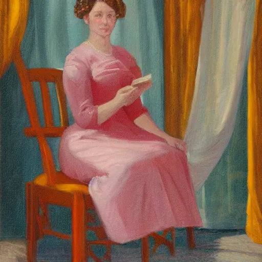 Prompt: a painting of a woman sitting on a chair in the style of margaret keene