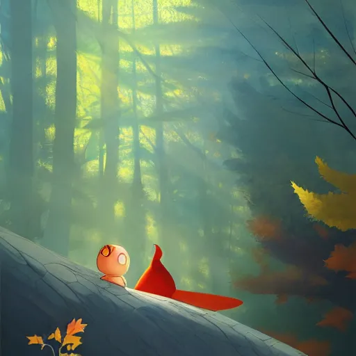 Image similar to goro fujita ilustration i am lying in the forest and i observe a bunch of tall autumn trees and in the center a large bird with its wings open with beautiful feathers that let through some light rays, painting by goro fujita, sharp focus, highly detailed, artstation