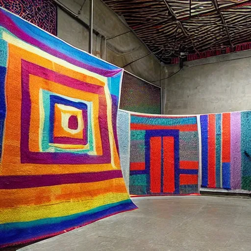 Prompt: underground prison, concrete, colorful tapestries, rugs, people wearing colorful robes