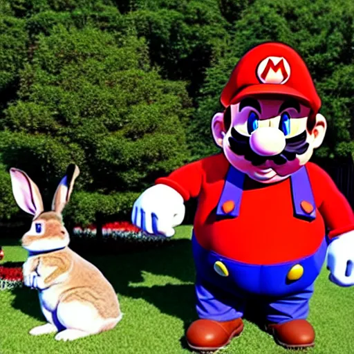 Image similar to real life big chungus dressed like mario, super mario with bunny ears, big chungus, fat bugs bunny, high resolution photo