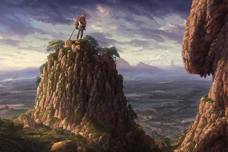 Image similar to an ultra detailed matte landscape painting of an extremely tall and strong young man with short brown hair standing on a cliff overlooking a medieval capital built on top of many hills, italian renaissance architecture, epic anime fantasy, 8 k, volumetric lighting, smooth, highly detailed, digital illustration, art by kentaro miura and akira toriyama and artgerm