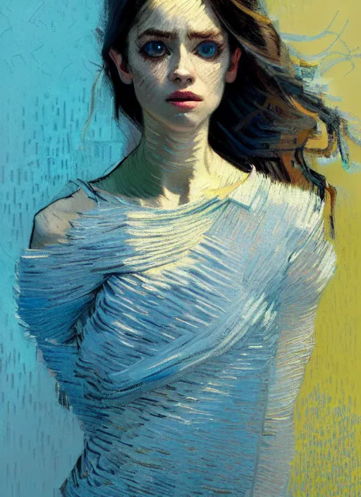 Image similar to portrait of a beautiful girl, new york backdrop, very sad, pastel shades of light blue and light yellow, beautiful face, rule of thirds, intricate outfit, spotlight, by greg rutkowski, by jeremy mann, by francoise nielly, by van gogh, digital painting