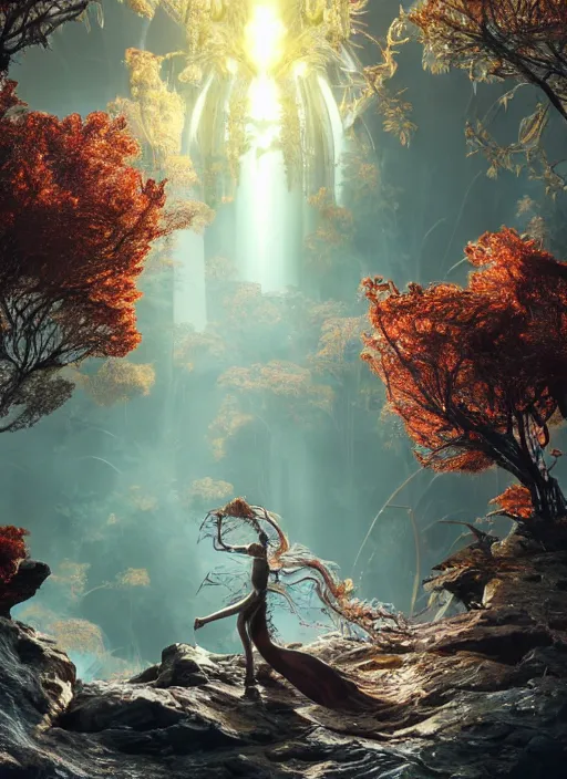 Image similar to beauteous practical sumptuous biomechanical with incredible hair, projected ray traced oled retinal overlays, crystalline masterpiece incrustations, hyperdetailed face, elegant pose, movie still, intricate, octane render, cinematic forest lighting, cgsociety, unreal engine, crepuscular rays, god rays