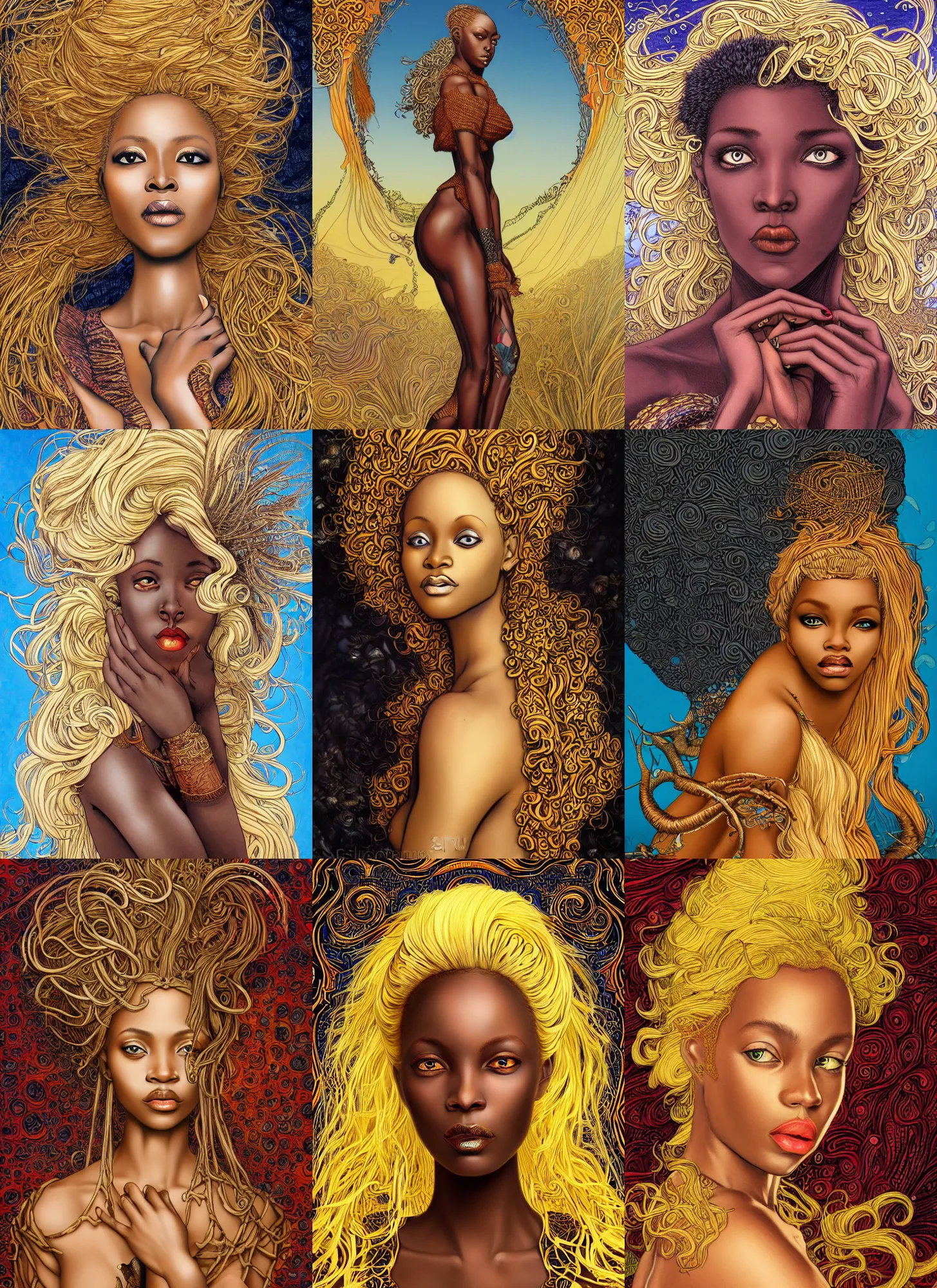 Prompt: surreal whimsical full length illustration of a beautiful african woman with blonde hair in the art style of Eric Fortune and Rebecca Guay, sharp focus, 8k high definition, insanely detailed, intricate, elegant