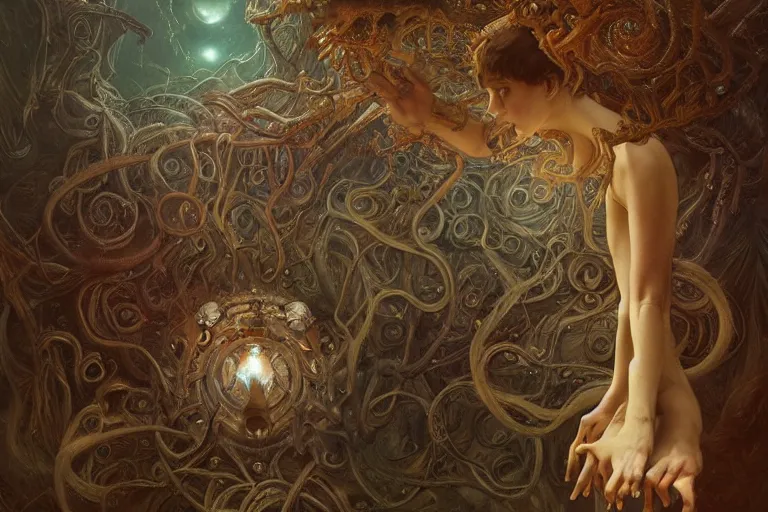 Image similar to a lovecraftian painting of a nightmare, cosmic horror elements, ultra realistic, concept art, intricate details, eerie, highly detailed, photorealistic, octane render, 8 k, unreal engine. art by artgerm and greg rutkowski and alphonse mucha