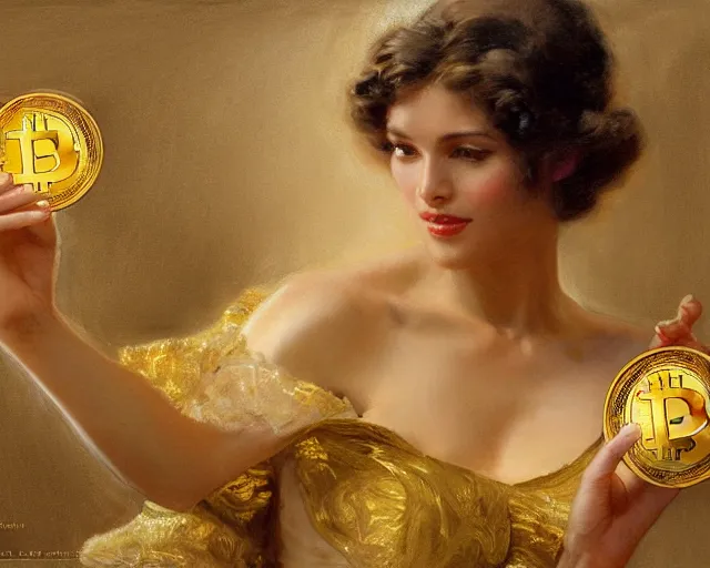 Image similar to attractive woman holding a golden bitcoin, commercial by annie liebovitz, gaston bussiere, craig mullins, j. c. leyendecker