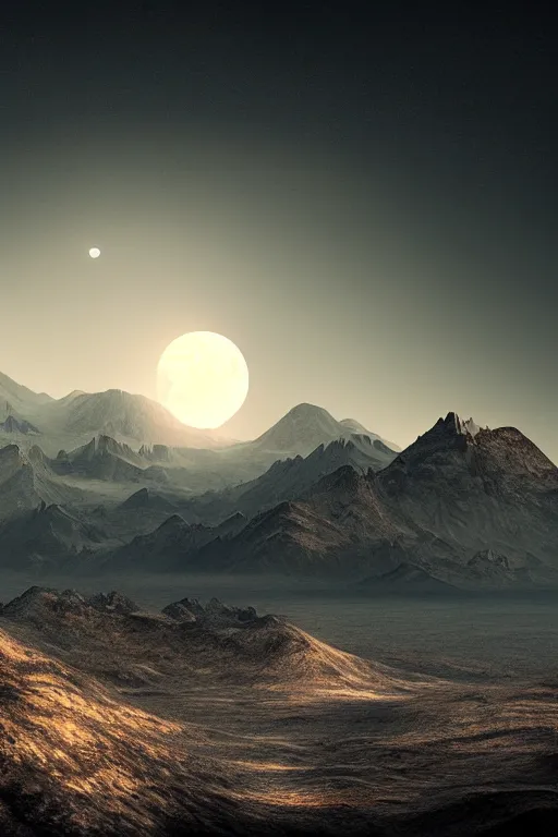 Image similar to a cgi landscape image with a moon and mountains, cinematic matte painting, extreme detail photo quality, dark moody colors, featured on behance