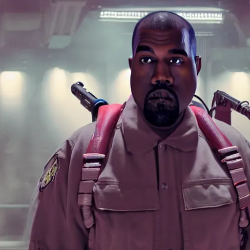 Image similar to kanye west as a ghostbuster in ghostbusters, splash art, movie still, cinematic lighting, dramatic, octane render, long lens, shallow depth of field, bokeh, anamorphic lens flare, 8 k, hyper detailed, 3 5 mm film grain