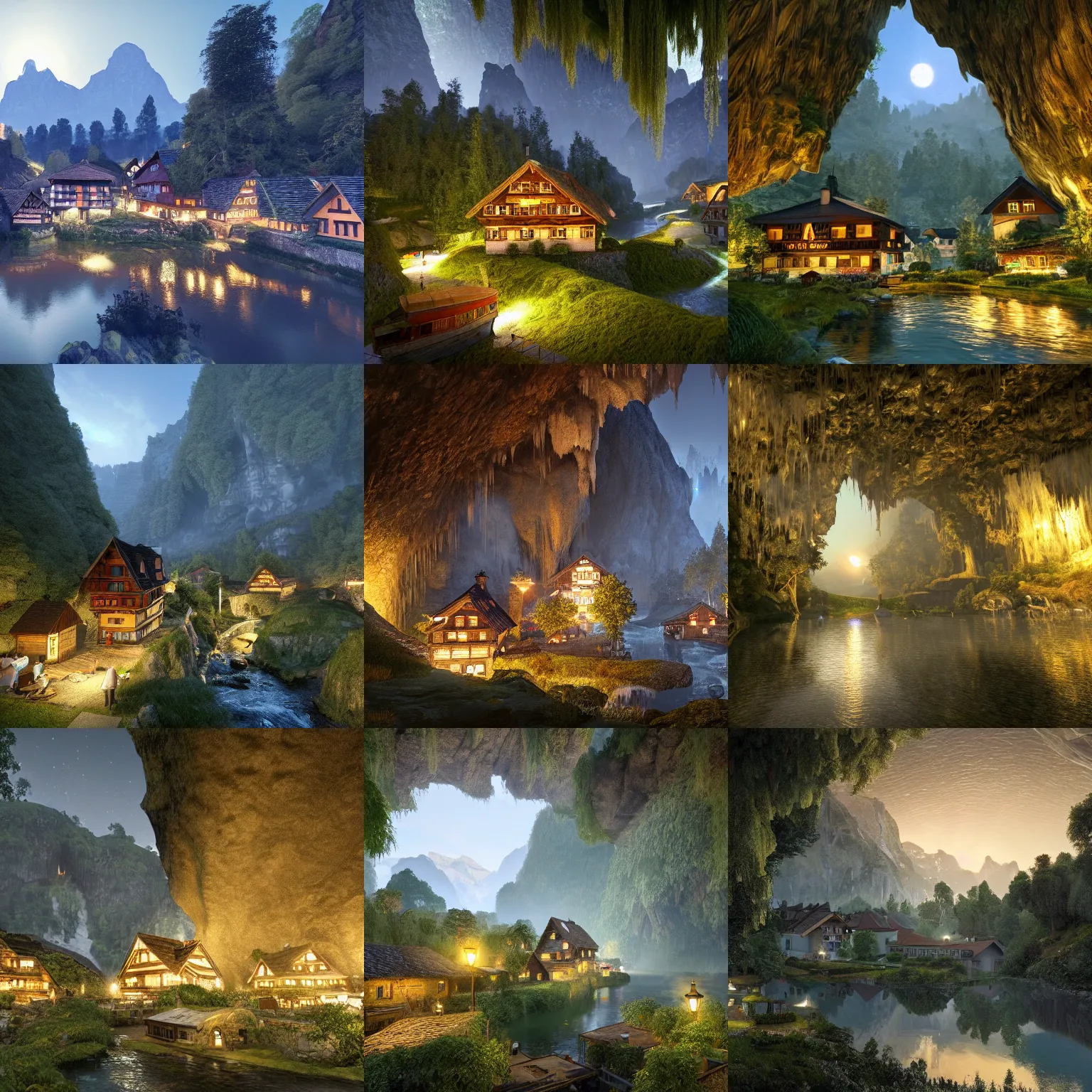 Prompt: a quaint swiss village at night with cottages, a river with sawmills, glowing lights and green park land, all inside an enormous cavern, cavern ceiling visible with large stalactites, unreal engine, by ivan shishkin