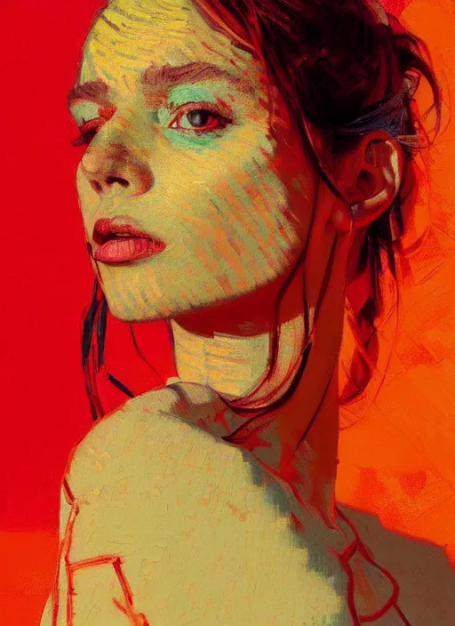 Image similar to portrait of beautiful girl, ibiza, sunset, shades of orange and red, beautiful face, rule of thirds, intricate outfit, spotlight, by greg rutkowski, by jeremy mann, by francoise nielly, by van gogh, digital painting